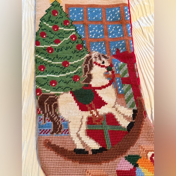 Needlepoint Christmas Stocking with horse and Christmas tree w/ window and star - Picture 2 of 5